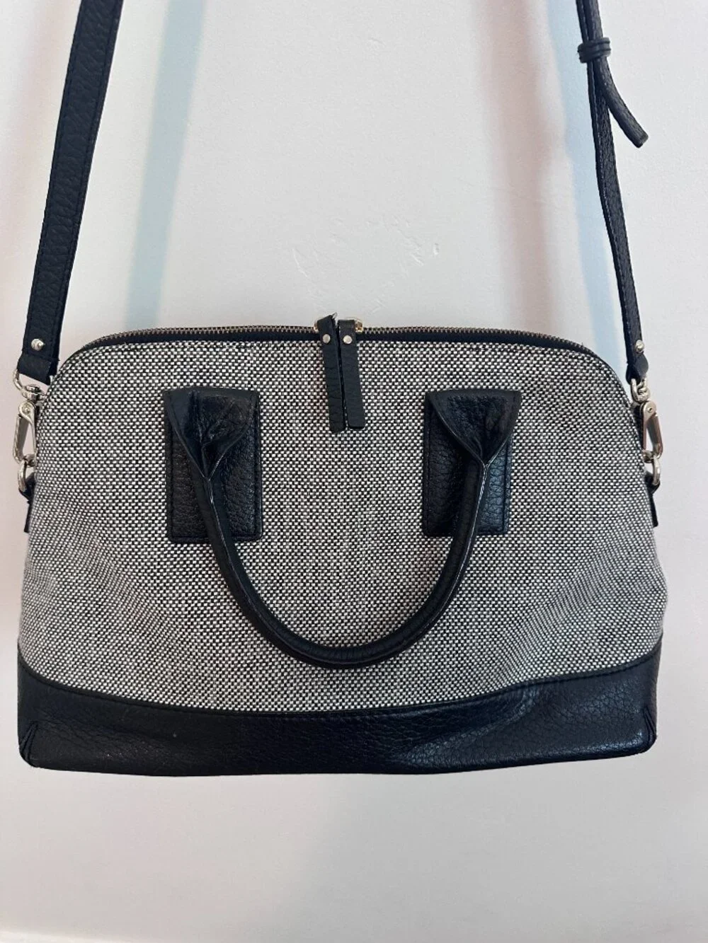 Kate Spade Black/Cream Southport Avenue Jenny Satchel, Woven twill & Leather